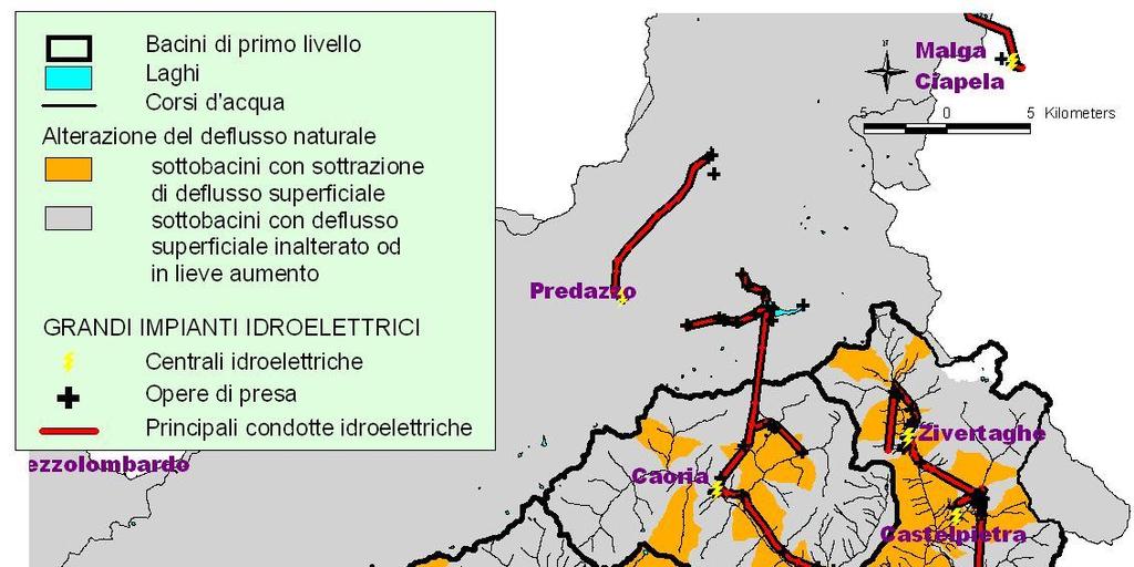 Figura 148. Rappresentazione dei sottobacini caratterizzati da alterazioni idriche per i tre bacini rispetto allo scenario naturale (ante rilascio DMV 1 gennaio 2009).