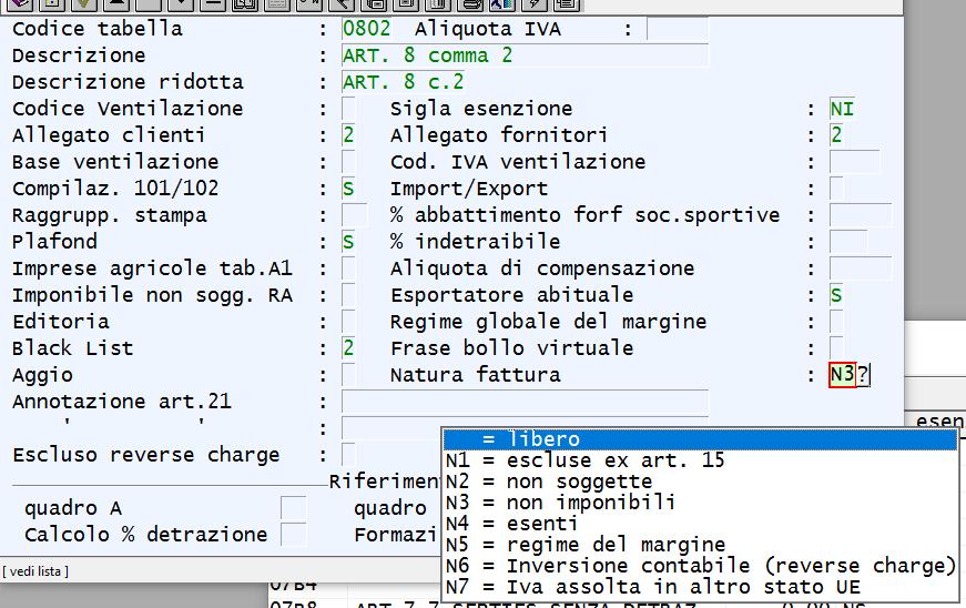 I valori del campo sono: N1 = escluse ex. Art.