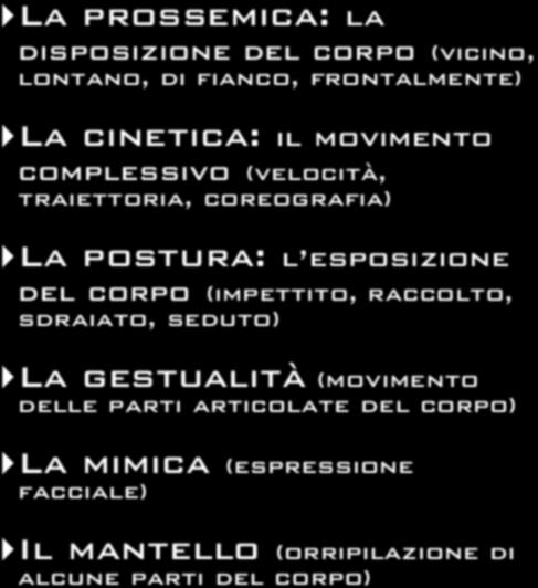 Il body language La prossemica: la disposizione del corpo (vicino, lontano, di fianco, frontalmente) La cinetica: il movimento complessivo (velocità, traiettoria, coreografia) La postura: l