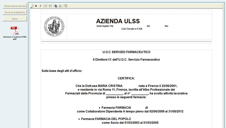 Generazione del certificato di servizio SF