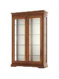 Silverware cupboard with 2 leaf doors, in walnut finish solid wood, glass inside shelves, fabric covered back.