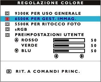 The OSD Controls 4) Premete il tasto o per evidenziare 9300K per GENERAL USE, 6500K per IMAGE MANAGEMENT, 5500K per