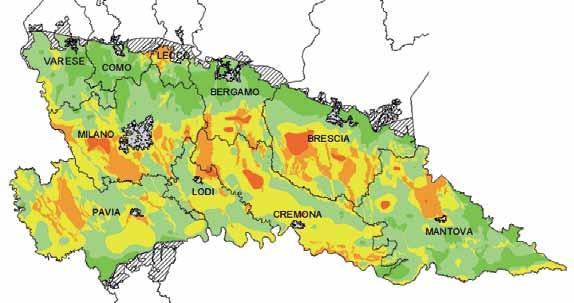 FIG. 1 Lombardia, esempio di carta della vulnerabilità integrata per la pianura lombarda. Fonte: Beretta et al., 2005. basso medio alto elevato est.