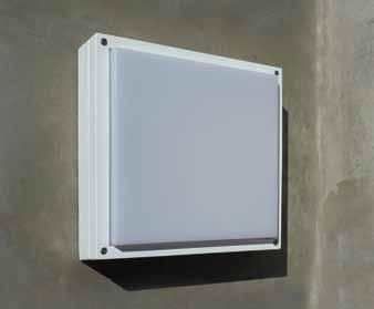 Ceiling or wall mounted external luminaire, epoxy powder coated die-cast aluminum body. Polycarbonate diffuser. Equipped with LED or compact fluorescent lamps.