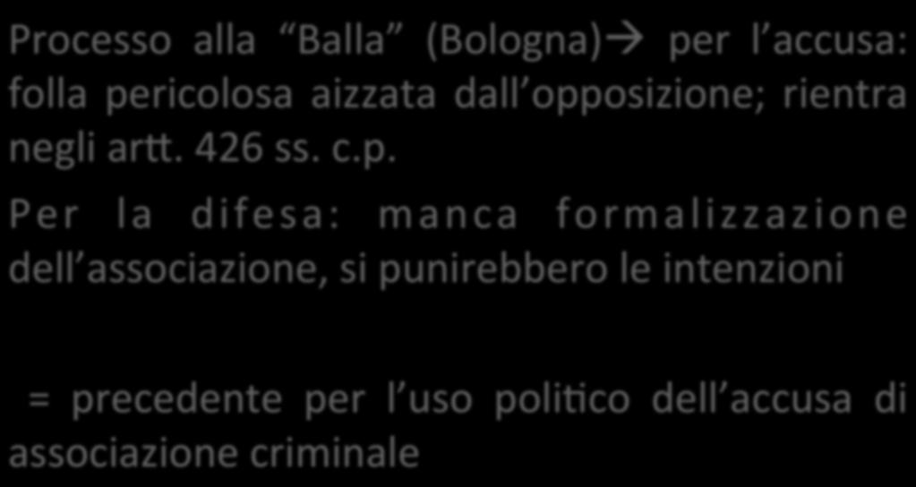 La rappresentazione giudiziaria: i primi processi Processo alla Balla (Bologna)à per l accusa: folla pericolosa aizzata dall opposizione; rientra negli arc.