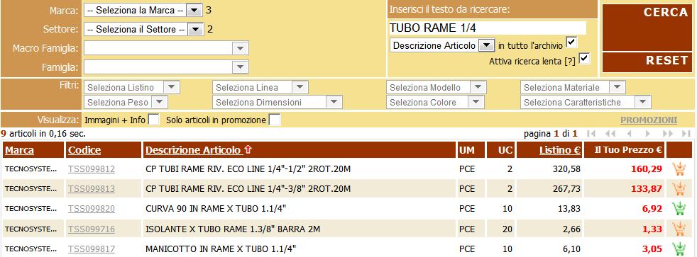 Dopo qualche istante comparirà la lista di articoli corrispondenti ai parametri impostati, nel nostro caso sono stati trovati nr.