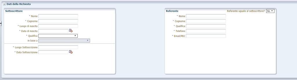 - Qualifica (Menu a tendina) - In base a (Menu a tendina) - Indicare gli estremi normativi - Luogo Sottoscrizione - Data Sottoscrizione Nell area al Referente possono essere editati i dati del