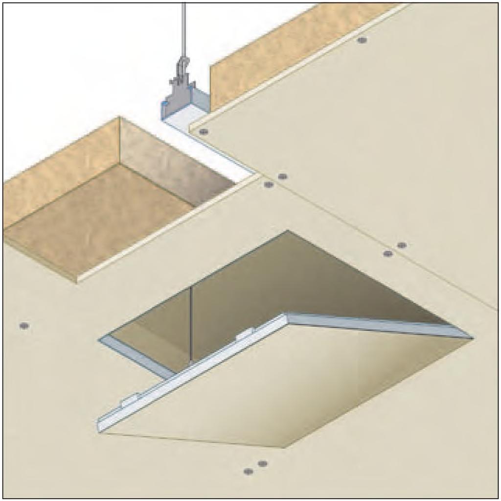 La BOTOLA D'ISPEZIONE PER CONTROSOFFITTO A MEMBRANA GB- EI 120 verrà posata praticando un foro sul controsoffitto di dimensioni pari a quelle del telaio + 5 mm e montando i profili a C 27x50x0,6 mm