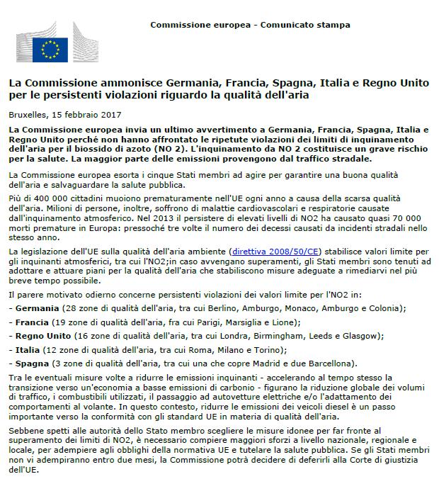 L Italia è stata condannata dalla Corte UE per i superamenti dei limiti sul PM10 nel 2006 e 2007, ed è in procedura di infrazione per i superamenti dei limiti