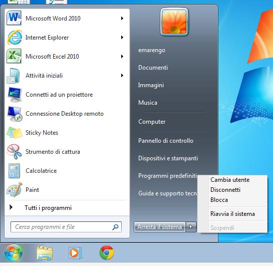 Presentazione dell ambiente Spegnimento - Riavvio In Windows 7 la logica è la stessa premere il pulsante Start (barra delle applicazioni) cliccare su Arresta il sistema per