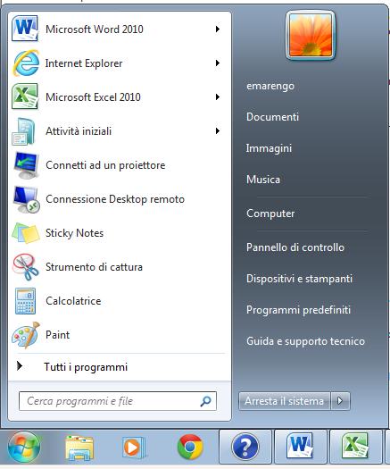 Desktop Uso delle finestre Menù Start È composto da 3 parti: Elenco dei programmi (usati di recente o Tutti i programmi ) Casella di ricerca per file e programmi (parte