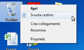 Gestione dei File Eliminare, ripristinare Svuotare il cestino 1 fare doppio clic sul Cestino (si trova sul desktop) 2 scegliere Svuota Cestino dalla voce File dalla barra dei menù (in Win 7 Svuota