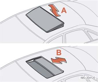 Strumenti e comandi Tetto apribile elettrico (optional) Posizioni di apertura I comandi tetto apribile si trovano sul soffitto della vettura.
