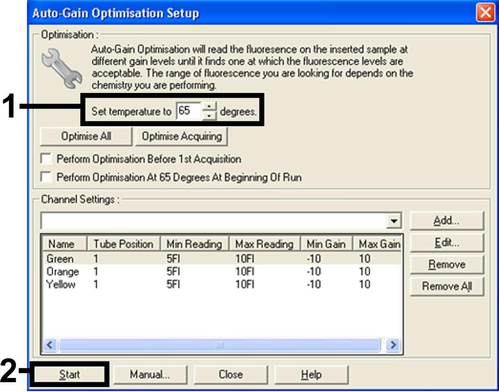 PCR. Cliccare Gain Optimisation (Ottimizzazione gain) nella finestra New Run Wizard (vedere, fase 2) per aprire il dialogo Auto-Gain Optimisation Setup (Setup ottimizzazione auto-gain) (vedere Figura