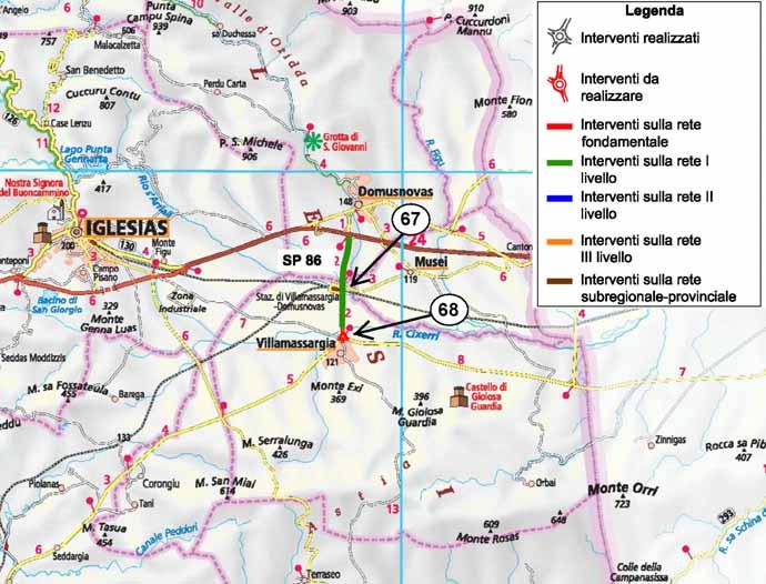 Localizzazione Interventi Finalità e Categoria Funzionale Lunghezza (km) 67 SP 86 da Cavalcavia SS 130 a Villamassargia Adeguamento alla categoria C1 3,60 68 SP86 SP 2 Sistemazione intersezione SP2