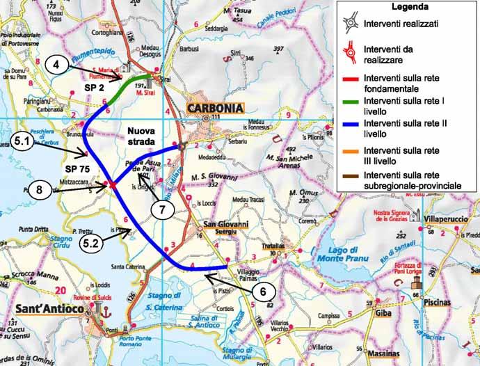 Rete primo e secondo livello Regionale Direttrice attrezzata di integrazione insediativa Localizzazione Interventi Finalità e Categoria Funzionale Lunghezza (km) 4 SP 2 da Carbonia (bivio Sirai) a