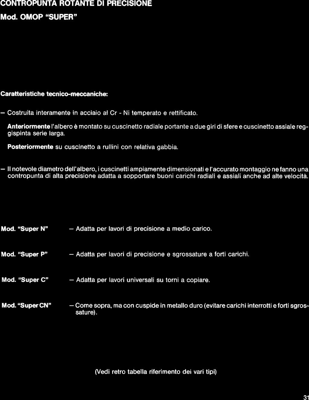 CONTROPUNTA ROTANTE DI PRECISIONE Mod. OMOP "SUPER" Caratteristiche tecnicomeccaniche: Costruita inleramente in acciaio al Cr Ni temoerato e rettificato.