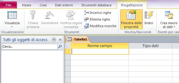 1 Creazione di Tabelle. Selezionare Crea Tabelle Struttura Tabella. Compare la finestra di creazione di una tabella in visualizzazione struttura.