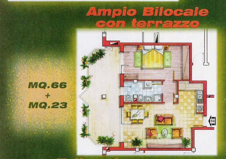 Questo bilocale è identico a quello di prima, quindi valgono le stesse considerazioni, in questo caso non c è il giardino ma il terrazzo è più grande per cui c è la possibilità di una più ampia zona