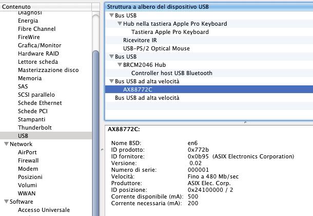 Verifica della corretta installazione in Mac OS Dopo aver collegato l adattatore USB to LAN al computer e alla rete, è possibile verificare la corretta installazione nella finestra System Profiler