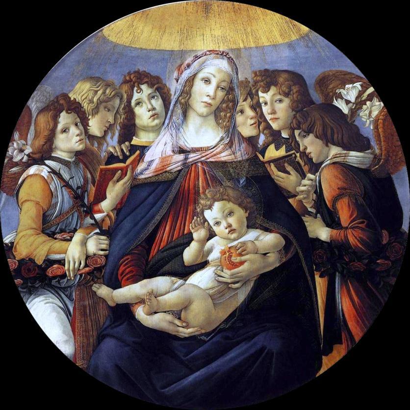 Questo potere del tondo di accentuare la zona di mezzo si coglie anche nella Madonna della Melagrana in cui il capo del Bambino che si trova in grembo alla Madre,