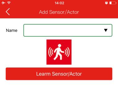 Cominciamo con il sensore di movimento selezionando il tipo corrispondente Motion sensor nella schermata dell'app. Dare un nome al sensore di movimento.