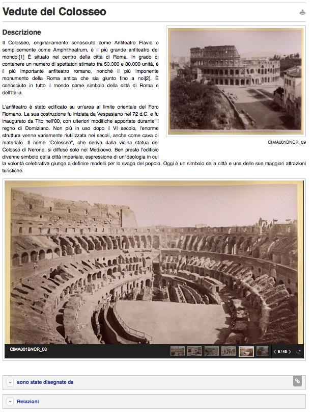 E, a seguire Visualizzazione nel front end del documento Vedute del Colosseo Il riquadro che mostra i Documenti collegati al documento visualizzato, ossia i