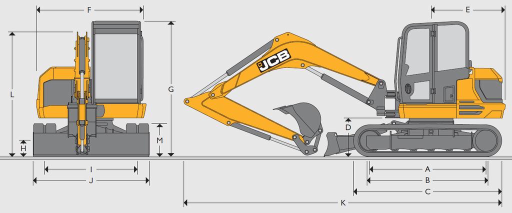 MINI ESCAVATORE JCB 86C-1 TAB A Interasse ruote mm 2.325 H Altezza minima da terra mm 350 B Lunghezza di appoggio cingoli mm 2.325 J Larghezza mm 2.300 C Lunghezza totale carro mm 2.