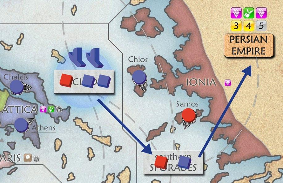 Il movimento dei Mercantili segue le linee tratteggiate sulla mappa, considerando che il possesso di Corinto permette il passaggio diretto tra Mar Ionio e le Cicladi.