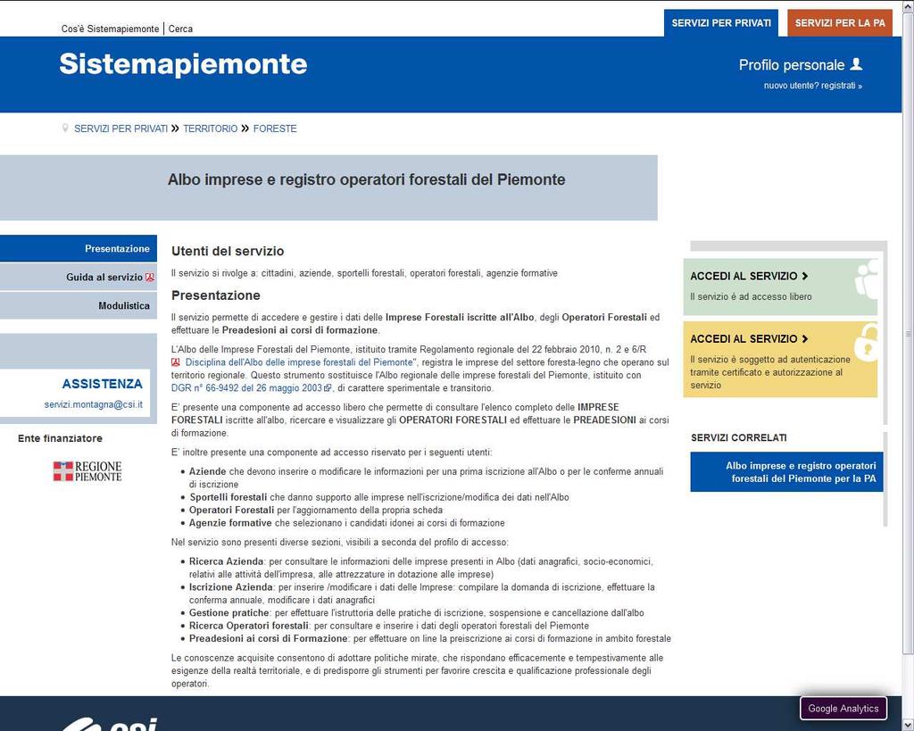 1) Accedere a Sistema Piemonte servizi per privati www.