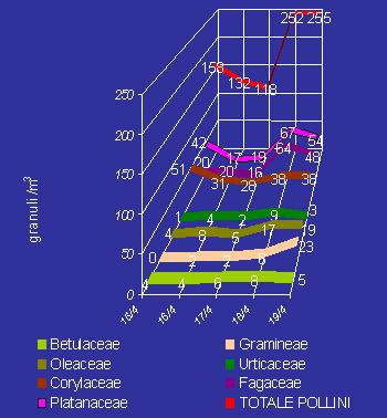 Quantitativamente simili, ma meno importanti dal punto di vista allergologico, le concentrazioni rilevate di granuli di Platanacee (platano).