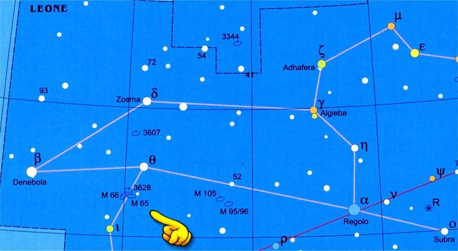 Le Galassie M65 e M66 nel Leone mappa tratta da Atlante del Cielo ed. Nuovo Orione - Legenda Nella costellazione del Leone ci sono molte galassie.