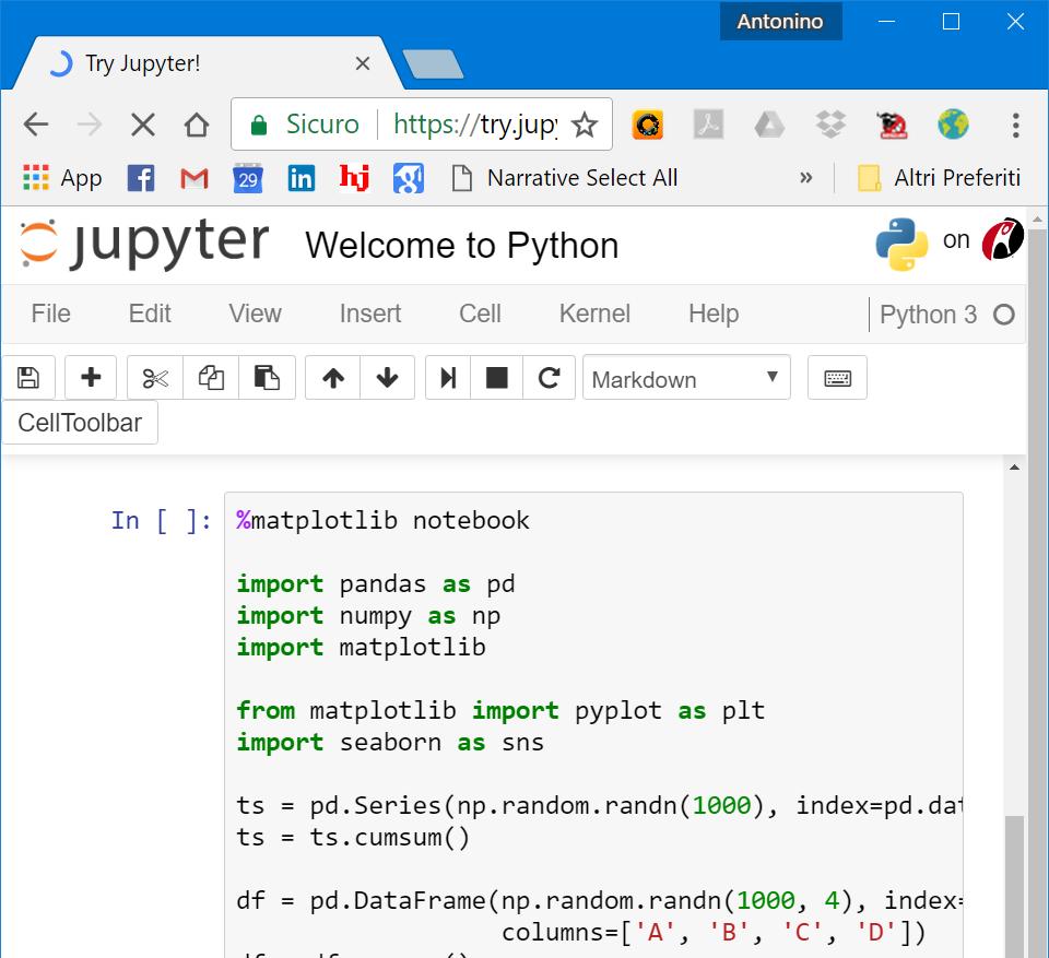 Jupyter Notebook Permette di creare (mediante interfaccia web) dei notebook, ovvero degli archivi contenenti: Testo formattato; Il codice da