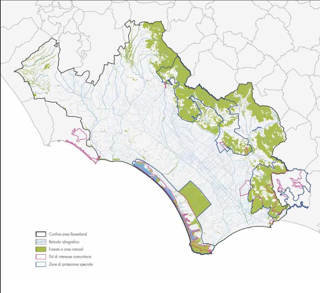 Fig. 14 - Il territorio di Rewetland : uso del suolo foreste e aree naturali, SIC e ZPS Riserve Ramsar In applicazione della Convenzione internazionale di Ramsar, sottoscritta nel 1971, nel Parco