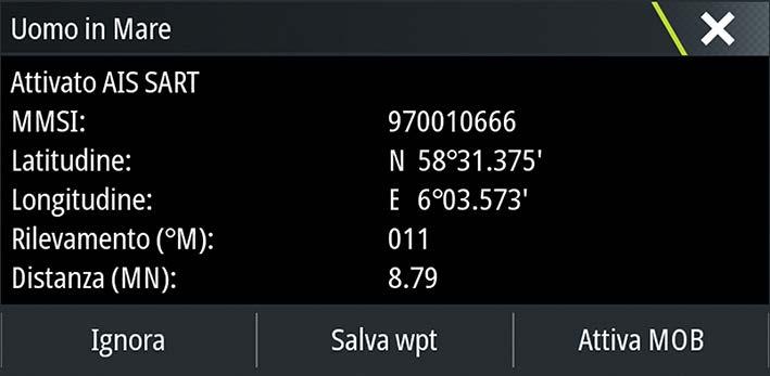 Un'icona AIS SART appare sulla carta nella posizione ricevuta da AIS SART Viene visualizzato un messaggio di allarme Se si è attivata la sirena, il messaggio di allarme è seguito da un allarme sonoro.