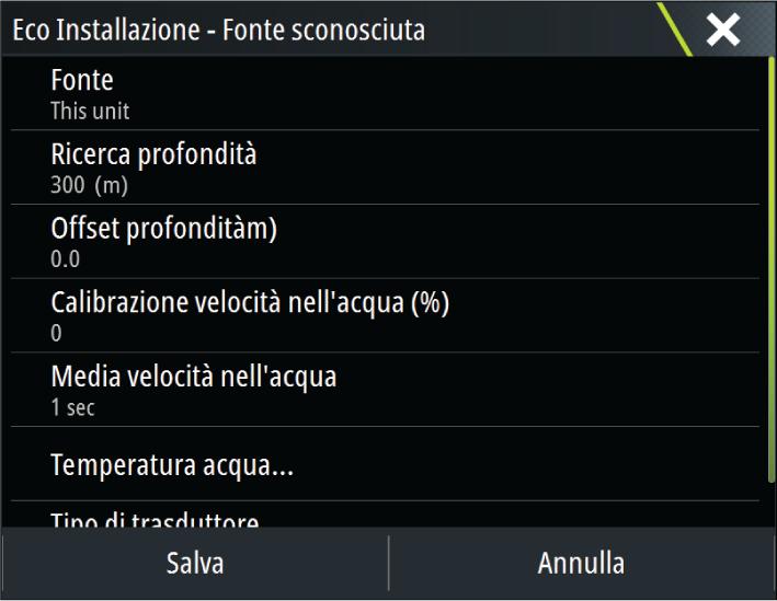 Sonar/ecoscandaglio interno Selezionare per rendere disponibili il sonar/ecoscandaglio per la selezione nell'apposito menu.