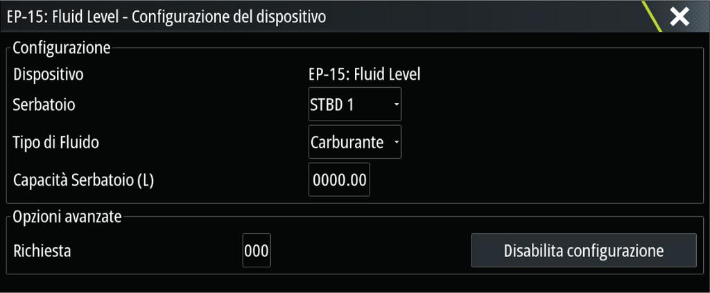 Per impostare la barra degli strumenti o un indicatore sulla pagina Instrument (Strumento) con i dati di un dispositivo di misurazione del livello di fluidi, fare riferimento al Manuale dell'utente.