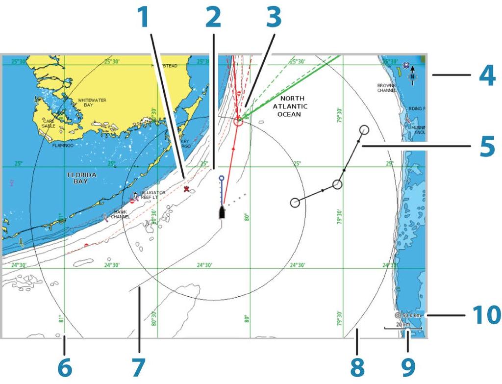 4 Carte La funzione cartografica visualizza la posizione dell'imbarcazione rispetto alla terraferma e ad altri oggetti cartografici.