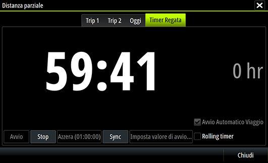 Pannello Timer Regata Timer Regata in Registro Viaggio Controlli del timer regata È possibile accedere ai controller del timer regata dal menu del pannello Regata.