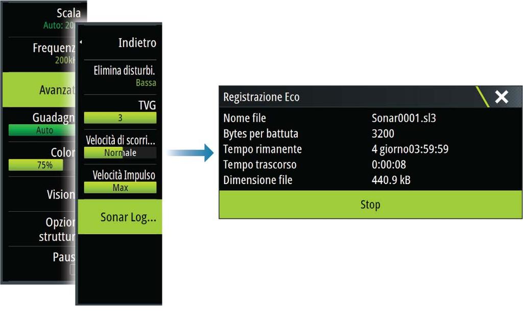 Visualizzazione dei dati registrati dello scandaglio È possibile visualizzare nuovamente sia i dati dello scandaglio memorizzati internamente sia quelli memorizzati esternamente se l'opzione Visione