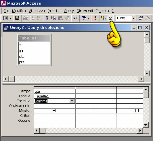 Query di totalizzazione totali Per calcolare totali in una qualsiasi query selezionare l icona totali sulla barra degli strumenti in