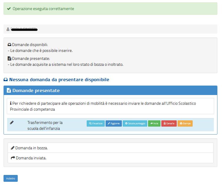 Una volta salvata, la domanda può essere visualizzata, aggiornata, inviata e cancellata.