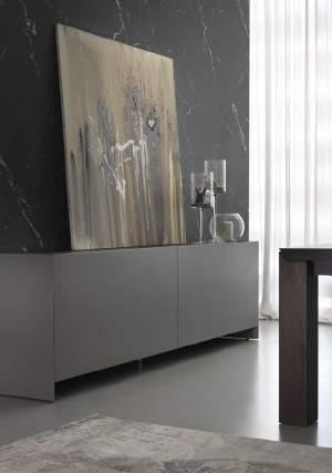 Ambrogio table in smoked oak, with coplanar sideboard Cube3 in tortora mat lacquered and top