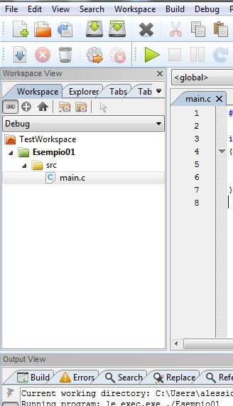 Progetti in Codelite Workspace View Alla creazione di un progetto, l IDE Codelite crea automaticamente il file