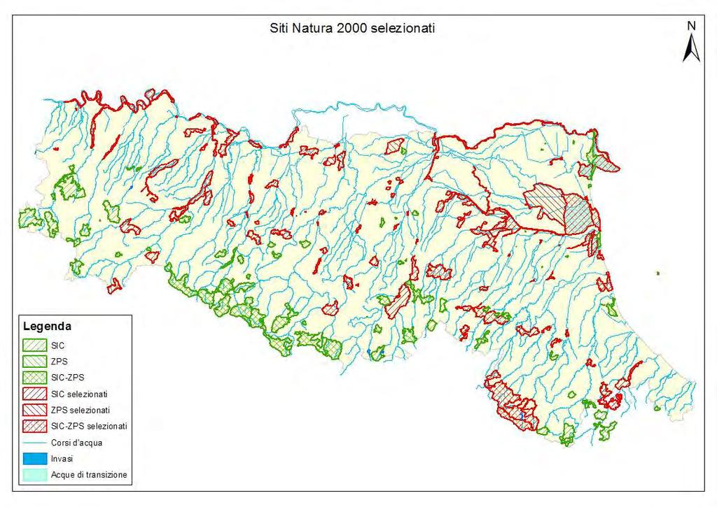 Figura 12 - Carta regionale dei siti RN2000 della Regione Emilia-Romagna con evidenziati in rosso quelli