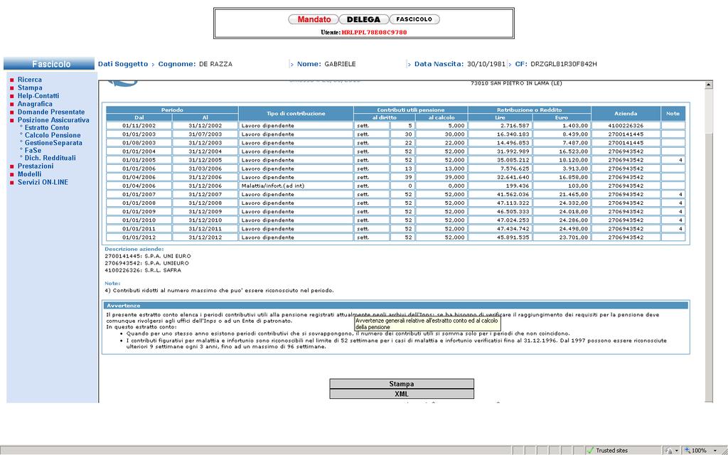 STAMPA DELL ESTRATTO CONTRIBUTIVO Alla fine dell estratto è presente il pulsante Stampa che va cliccato