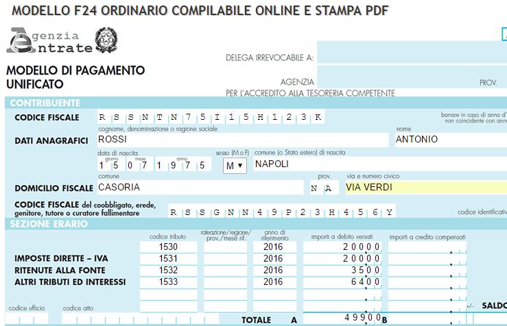 Compilazione F24 Sezione Sezione Contribuente Contenuto Indicare i dati anagrafici dell erede che esegue il versamento (codice fiscale, nome, cognome, data e luogo di nascita, domicilio fiscale).