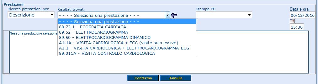 Sostituzione della prestazione (Tasto Modif.): Selezionare la prestazione che va a sostuire quella inizialmente prenotata/registrata. Premere il pulsante conferma.