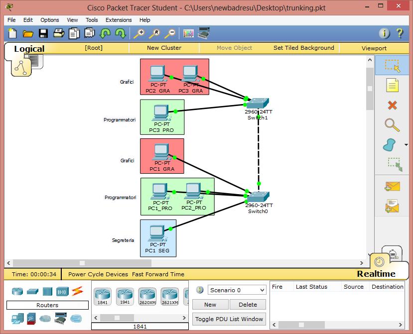 2.2 Il trunking di Vlan Adesso analizziamo un esempio più complesso, consideriamo una rete di una media azienda informatica che fornisce servizi di web-house. La rete è suddivisa su due livelli.