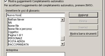 Glossario Immissione di nuove voci Per inserire una nuova voce basta aprire l